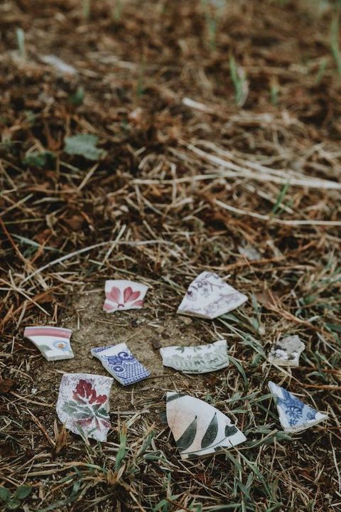 Porcelain. Eight fragments of white porcelain painted with red, green, or blue lie in grass.