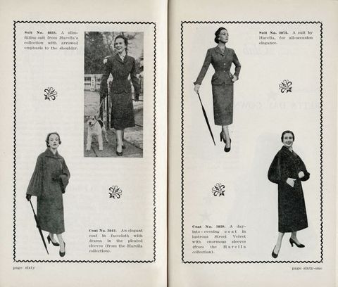 Publication spread. Four pale-skinned women wearing skirt suits are shown in black and white spaced across two pages, and each is accompanied by text. One woman is shown with a dog on a leash, walking on a sidewalk. The other three have been cut from their original contexts.