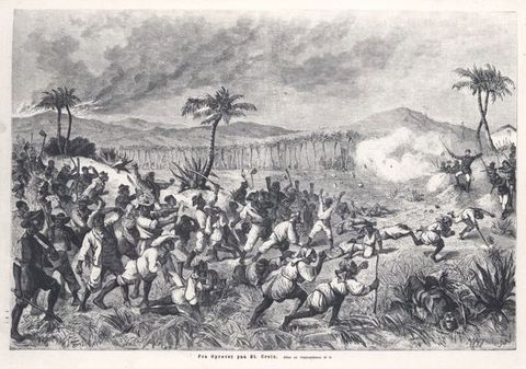 Print. Dozens of dark-skinned men and women rush at a pale-skinned officer, who flings his hands up. Smoke billows from a burning mountaintop to our left.