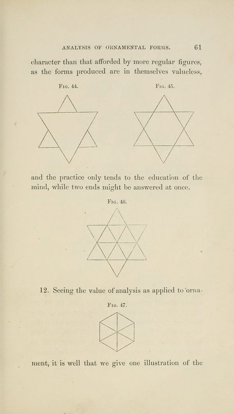Page of a book. Four diagrams who how two triangles made into a six-pointed star can be divided into a six-sided and six-segmented hexagon.